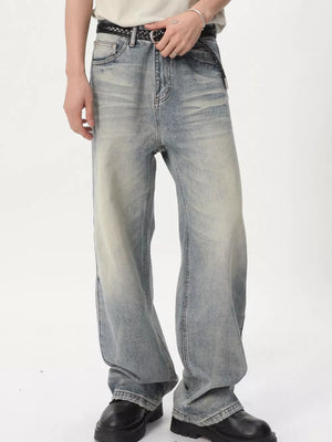 Men's vintage wash wide leg jeans in light blue denim with a relaxed fit.