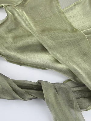 Sheer Front Tie Detail Long Sleeve Shirt in metallic olive green with tied