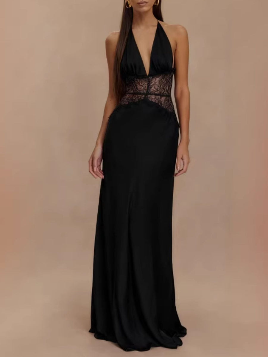 Black lace trim halter neck maxi dress with plunging neckline and satin skirt.