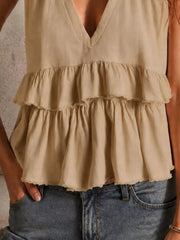 Mocha ruffled V-neck tank top with tiered hem detail.