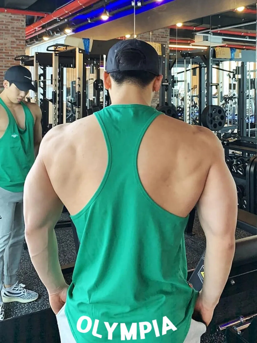 Green Olympia racerback tank top with white lettering, showing back detail.