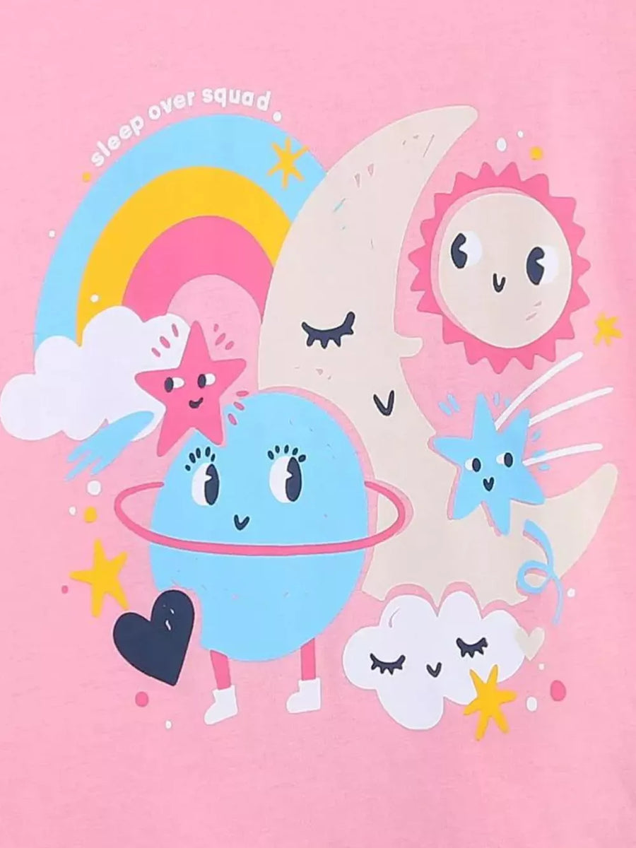 Sleepover Squad graphic t-shirt in blush pink with moon, sun, planet, stars, and rainbow.