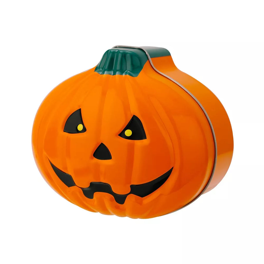 black storage box with hinged lid and jack-o'-lantern motif