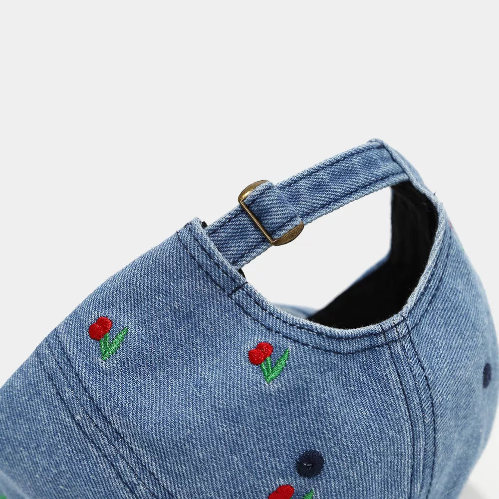cap in light blue with cherry print and embroidered