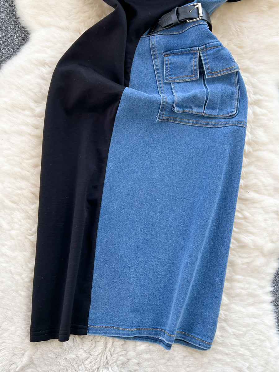 Belted color-block denim midi dress with utility pockets and black bodice.