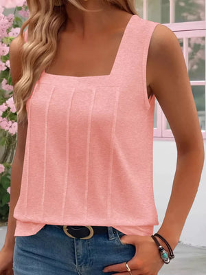 Pink square neck tank top with vertical pintuck details and a comfortable fit.