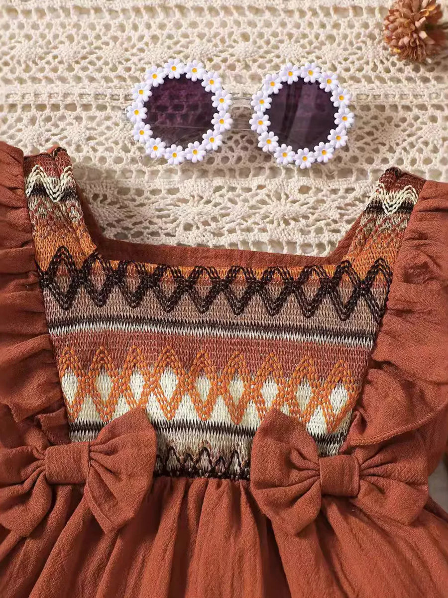 Children's Bow Long Sleeve Blouse And Pants Set in Light Brown