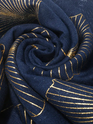 Dark navy scarf with gold gilded ginkgo leaf pattern detail