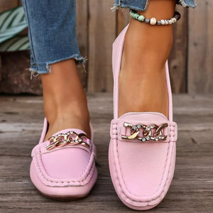 Pink round-toe loafers with gold chain and crystal detail