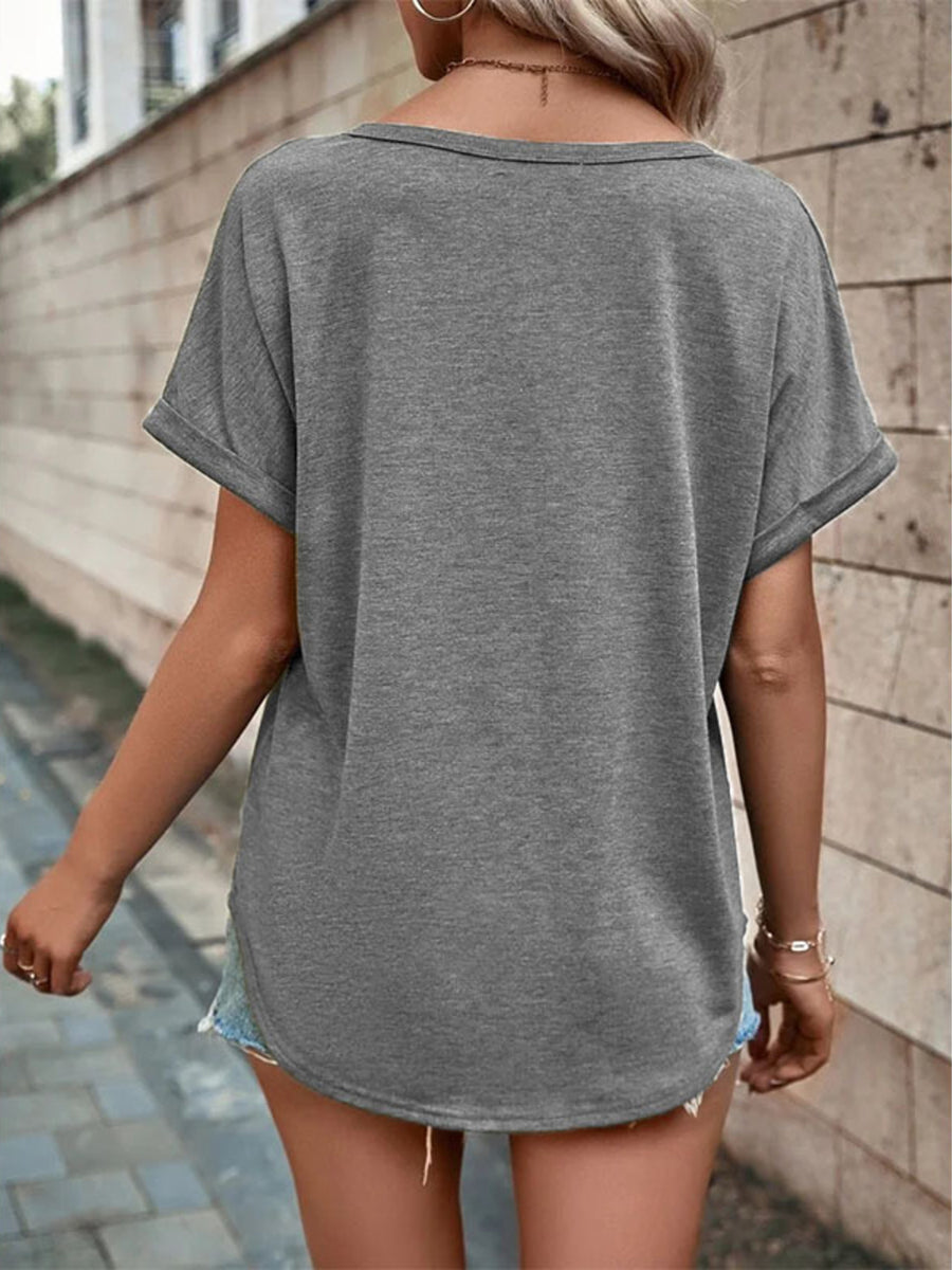 Grey short sleeve t-shirt with V-neck and cuffed sleeves.