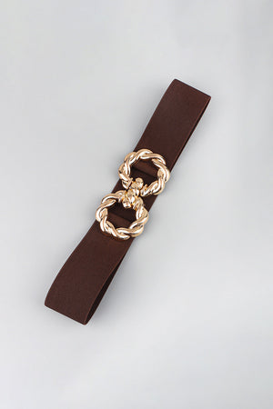 Braided knot stretch belt in chocolate brown with gold alloy buckle detail.