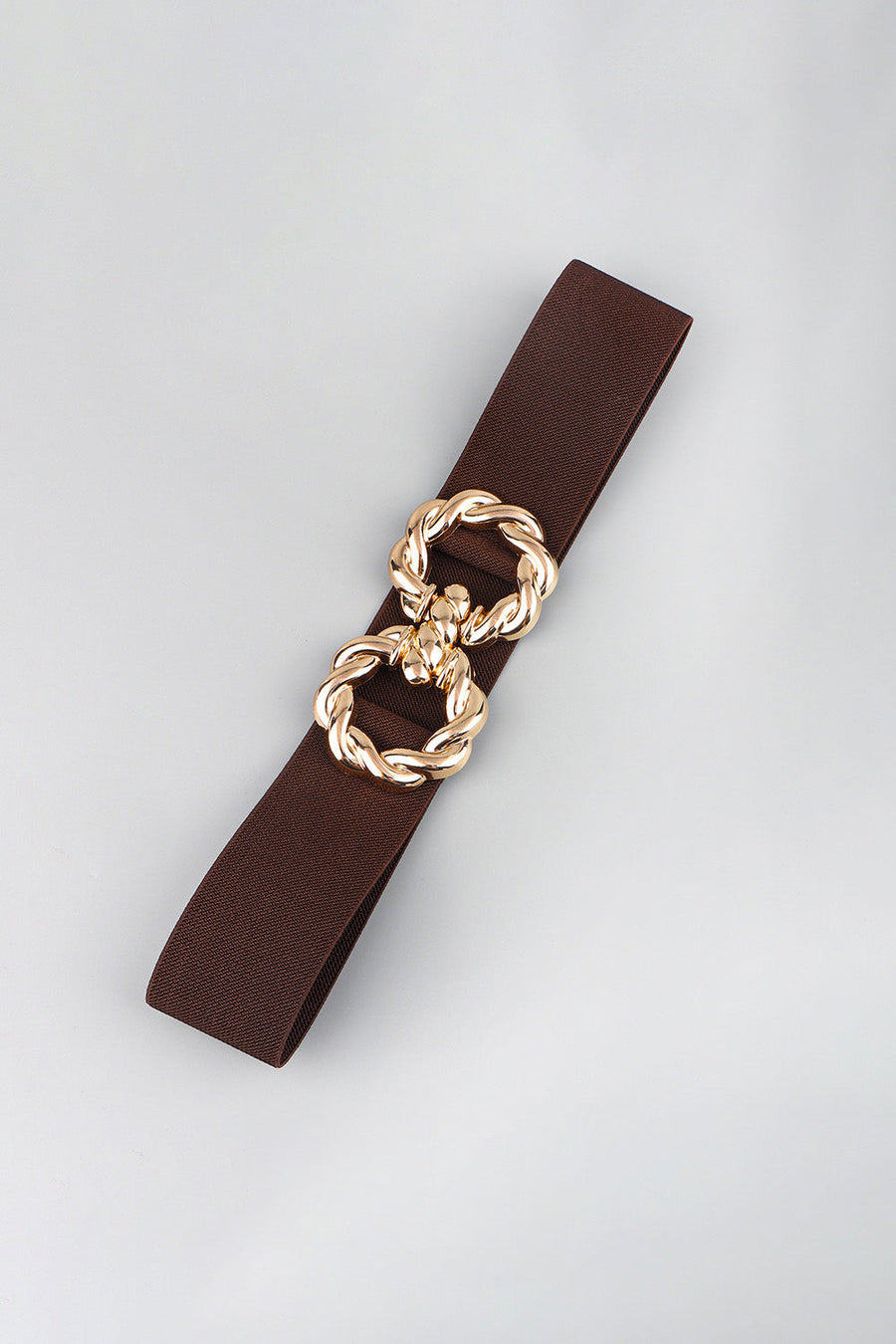 Braided knot stretch belt in chocolate brown with gold alloy buckle detail.