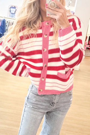 Strawberry with Stripe V Neck Long Sleeve Cardigan