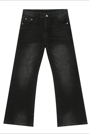 Black wide leg denim bell bottom jeans with a faded wash