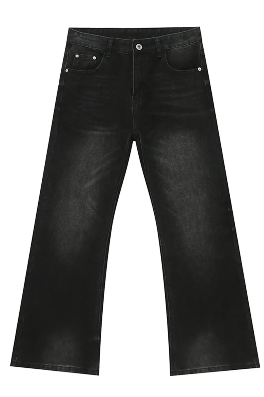Black wide leg denim bell bottom jeans with a faded wash
