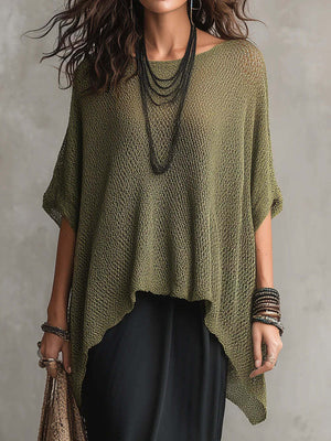 White with Loose Knit Round Neck Plus Size Top