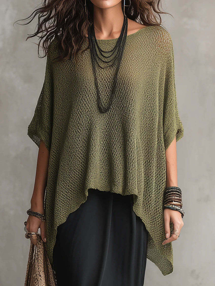 White with Loose Knit Round Neck Plus Size Top