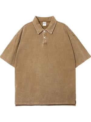 Oversized washed polo shirt in camel with a distressed finish and two-button placket.