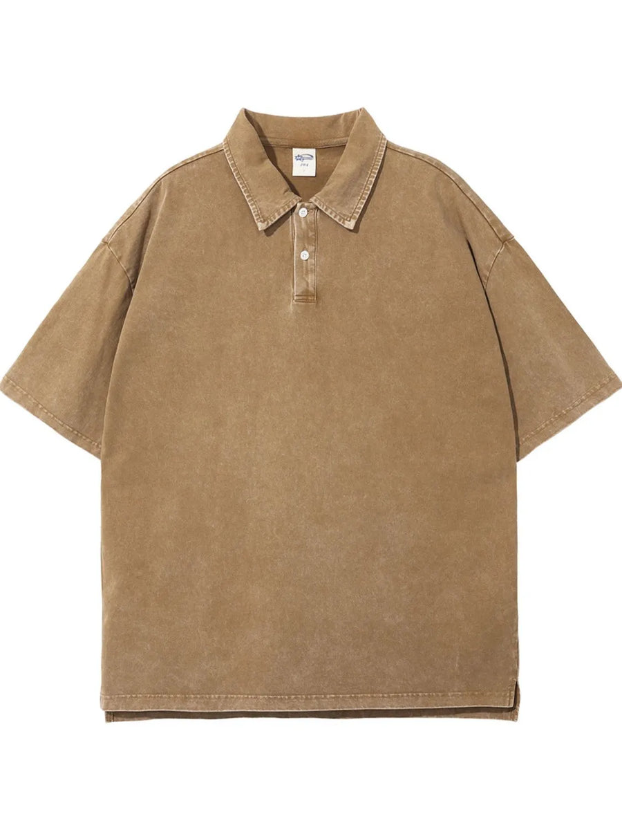 Oversized washed polo shirt in camel with a distressed finish and two-button placket.