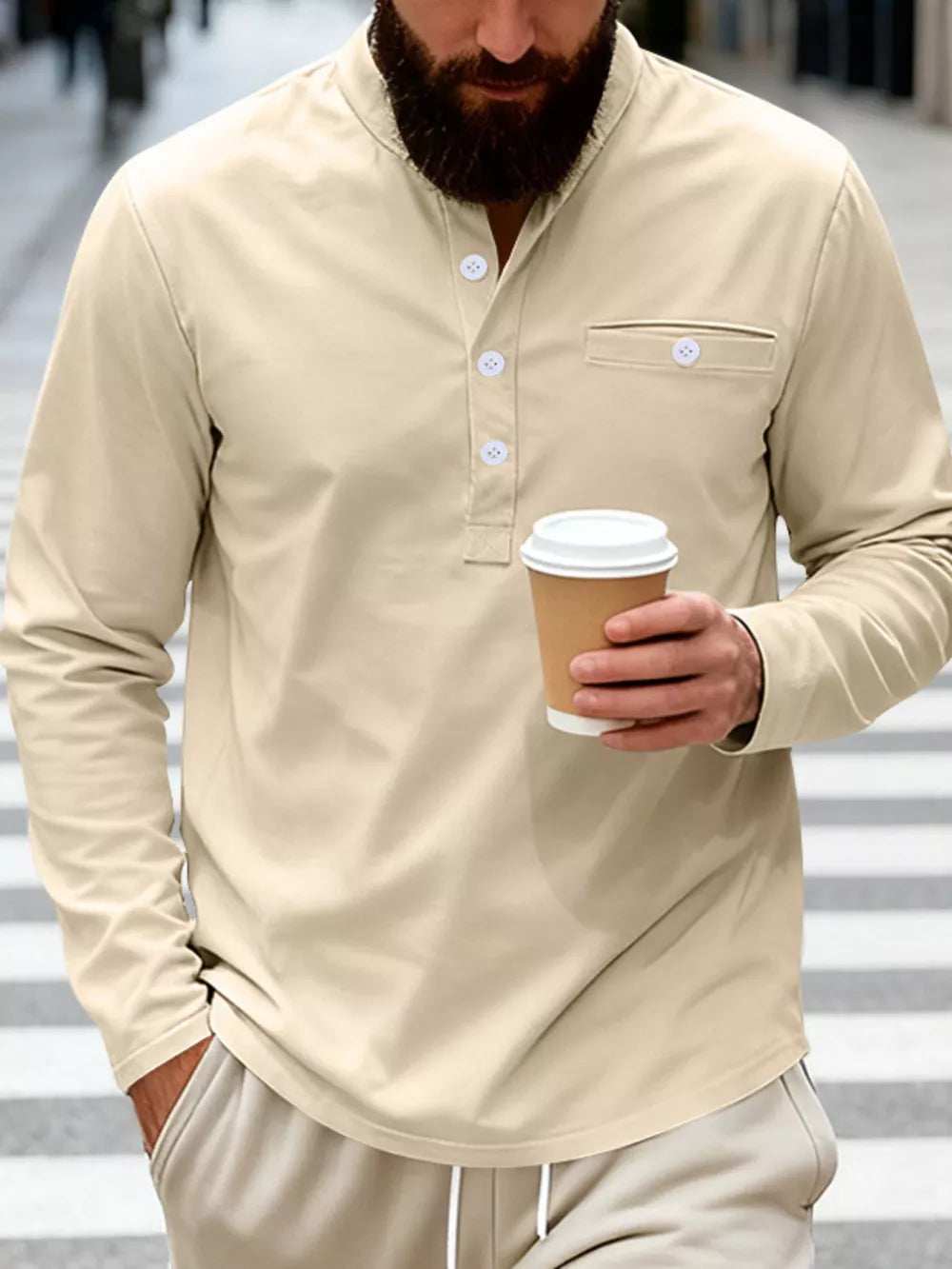 Apricot long sleeve band collar shirt with button detail and chest pocket