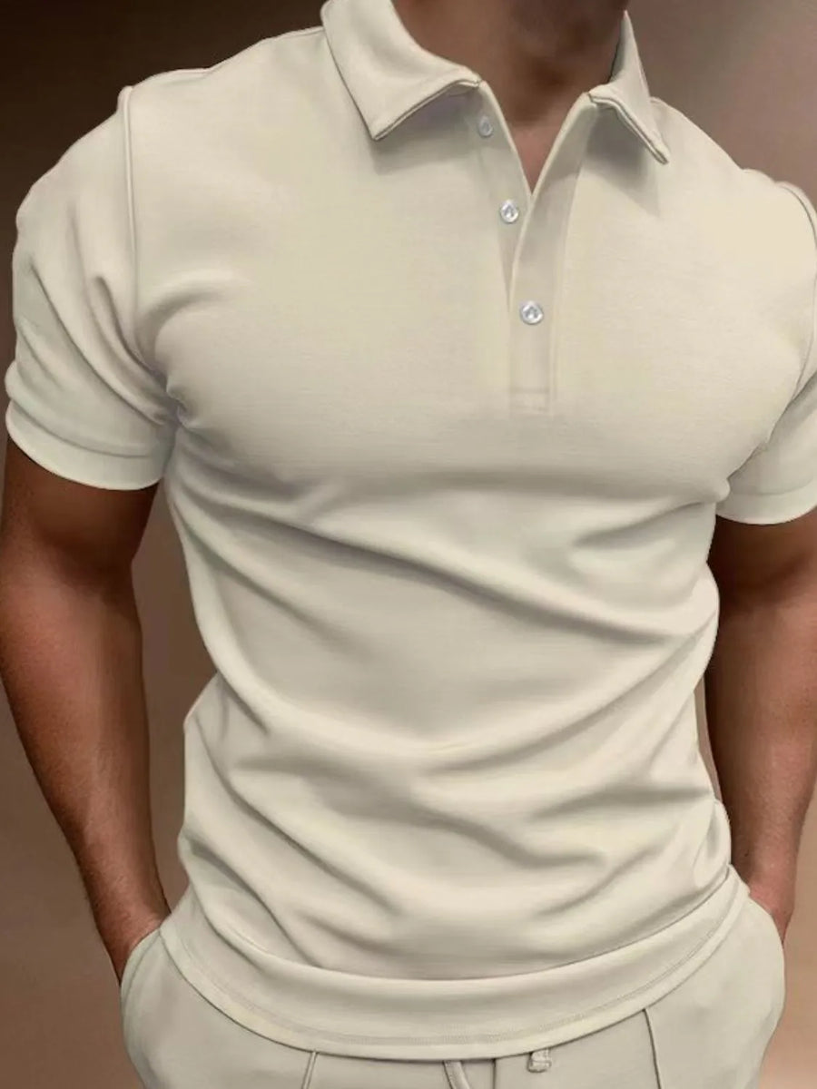 Beige short sleeve polo shirt with button placket and athletic fit