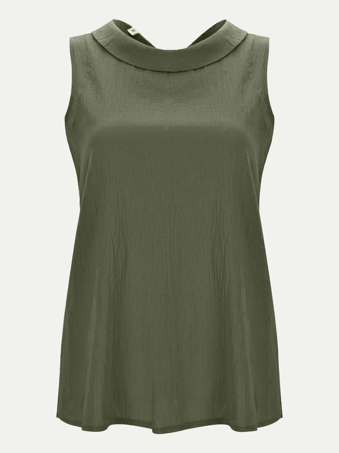 Moss green sleeveless blouse with Peter Pan collar and textured fabric.