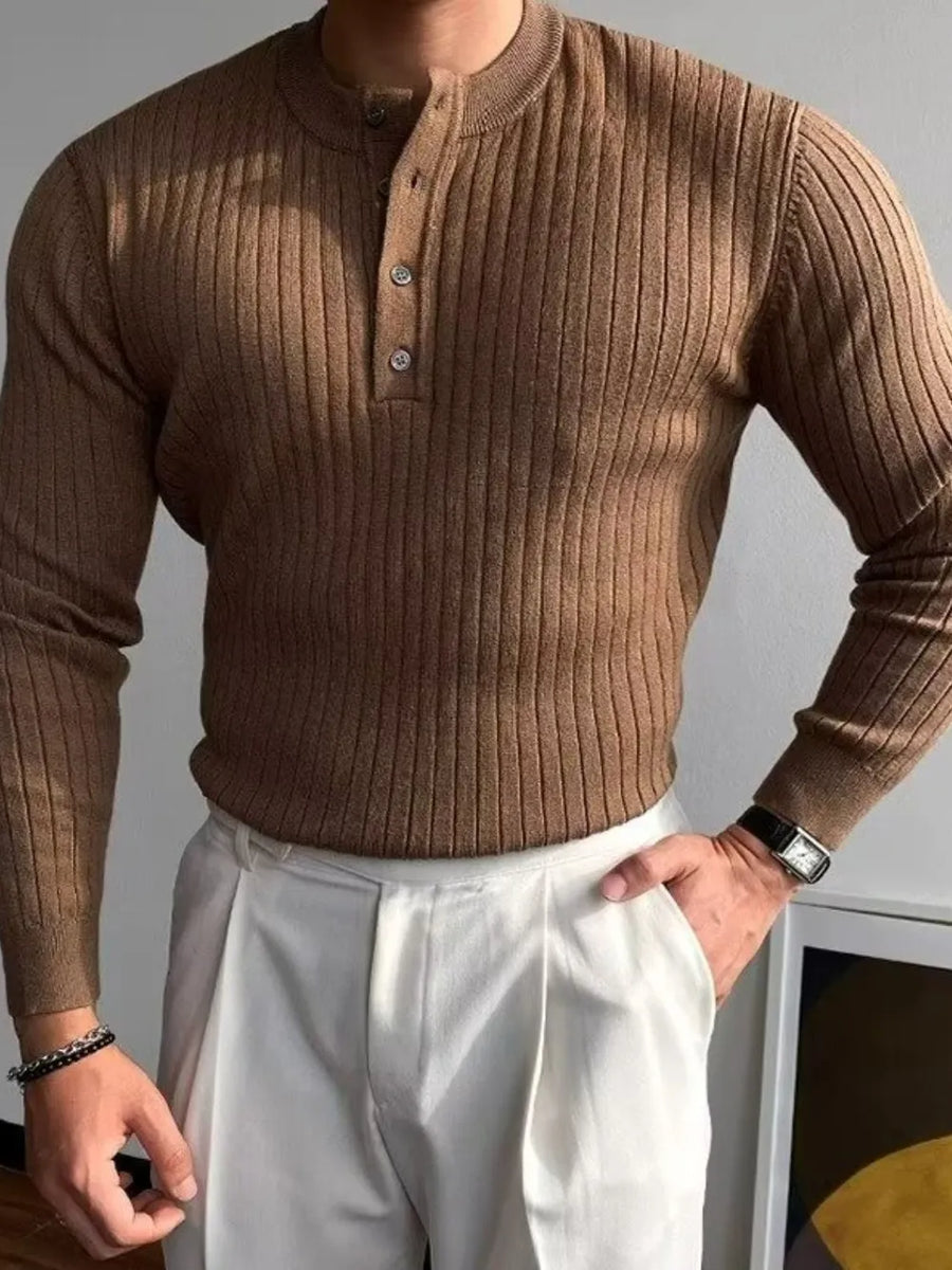 Brown ribbed knit henley sweater with button accents