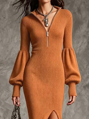95% polyester, 5% elastane Care instructions: Machine wash cold sweater dress in Ochre with fitted silhouette