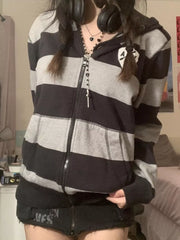 Striped Zip-up Hoodie in Black