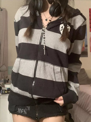 Striped Zip-up Hoodie in Black