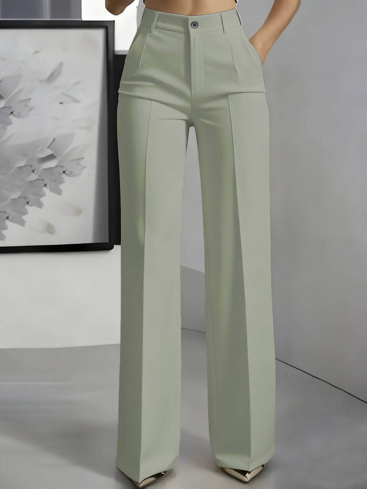 wide-leg pants in Khaki Color with high-waisted and full-length