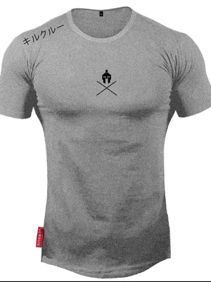 Gray muscle fit t-shirt with Spartan graphic and Japanese text detail.