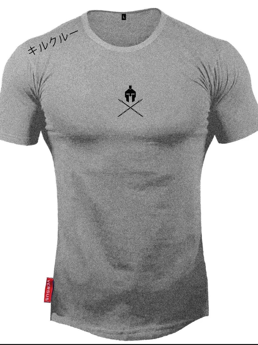 Gray muscle fit t-shirt with Spartan graphic and Japanese text detail.