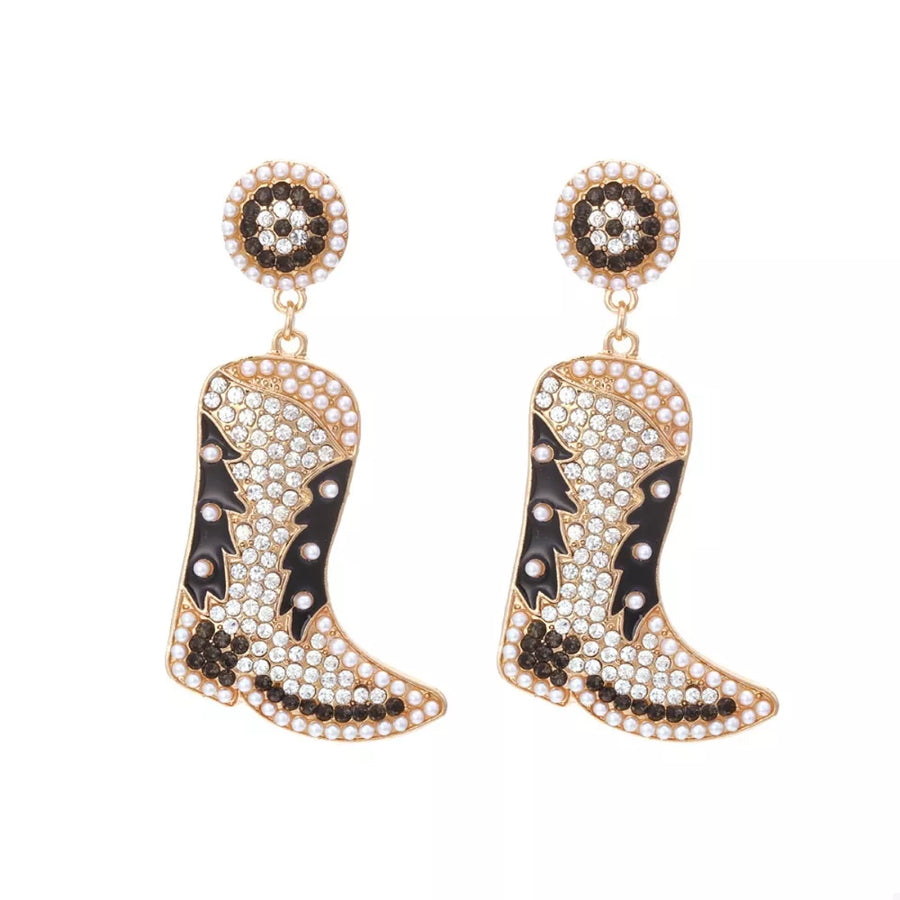 Dazzling black and white cowboy boot dangle earrings with pearls and rhinestones.