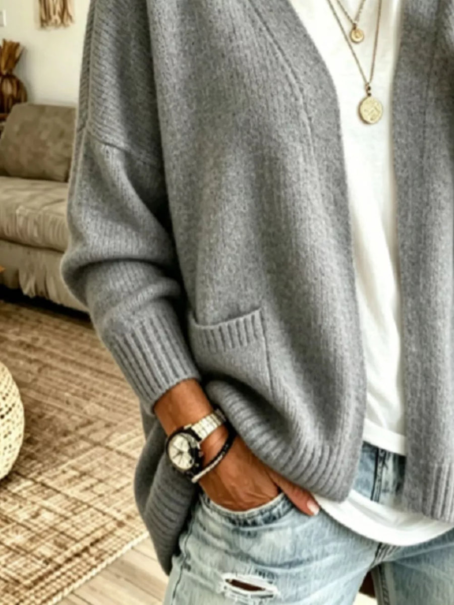 Pink Open Front Knit Cardigan With Pockets