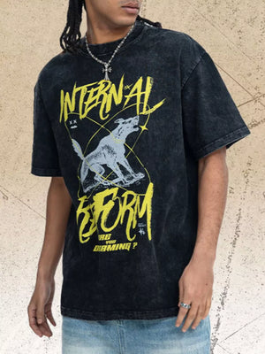 Men's washed black cotton t-shirt with howling wolf graphic and yellow text.