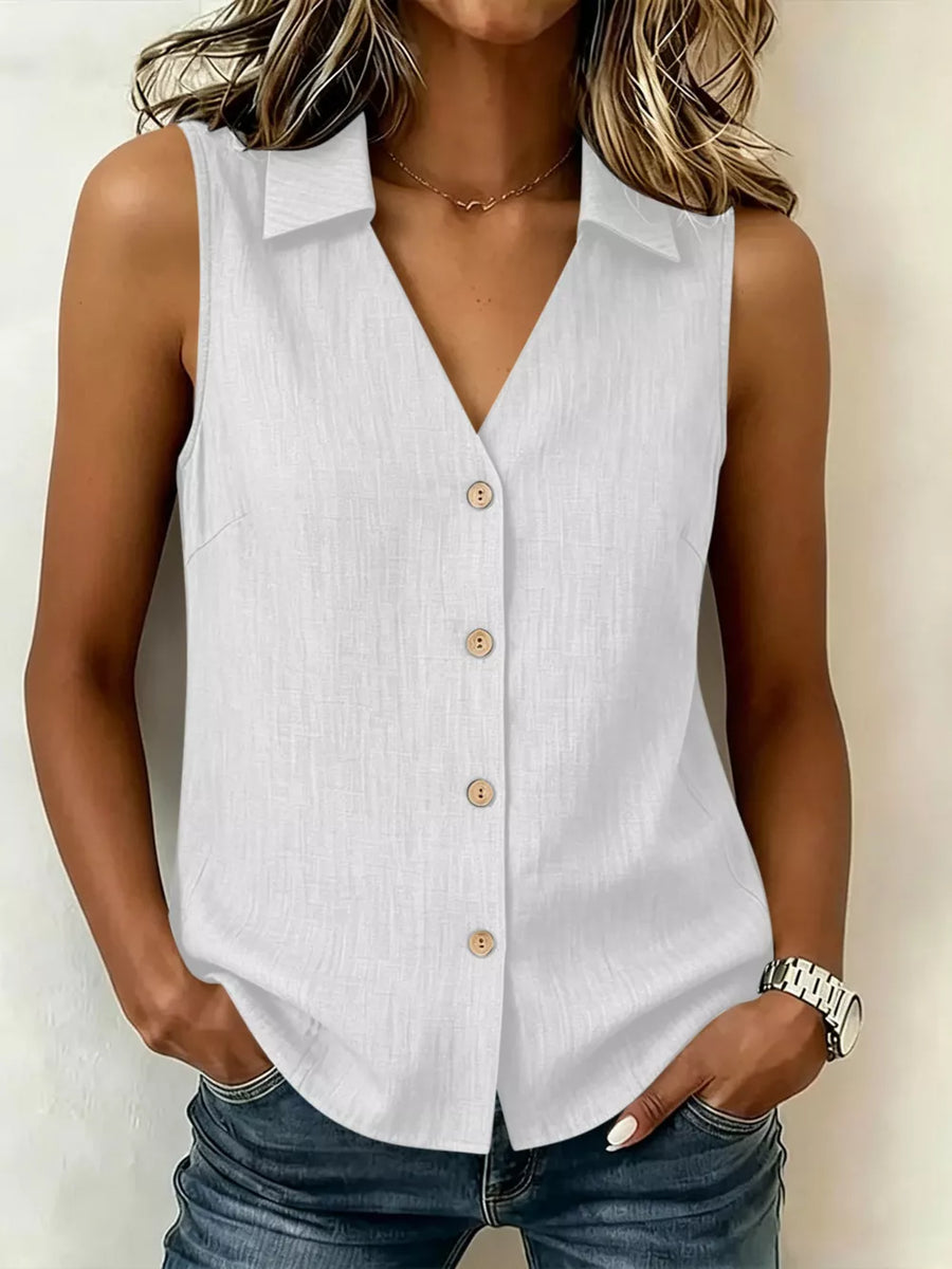 Full Size Button-up Sleeveless Collared Top in Olive
