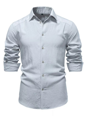 Gray Green cotton button-up shirt with classic collar and long sleeves