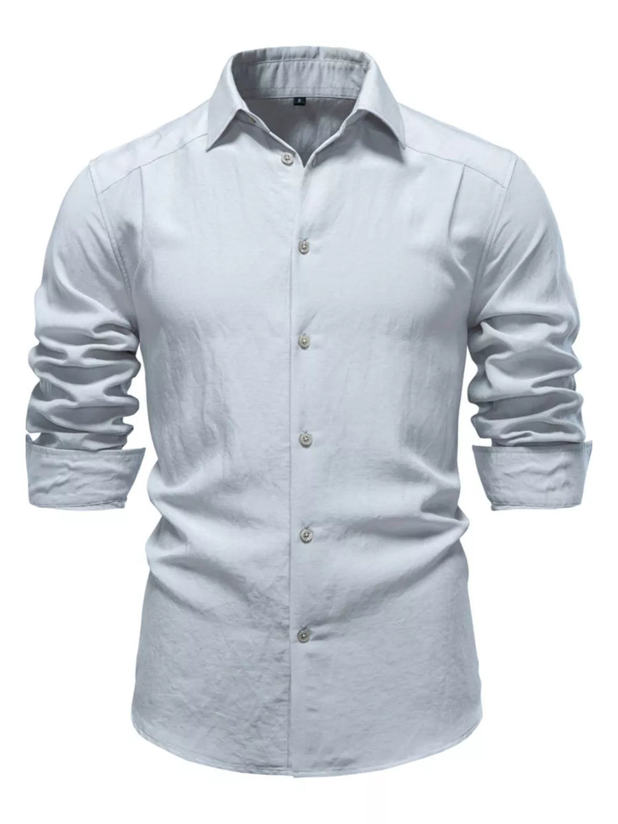 Gray Green cotton button-up shirt with classic collar and long sleeves