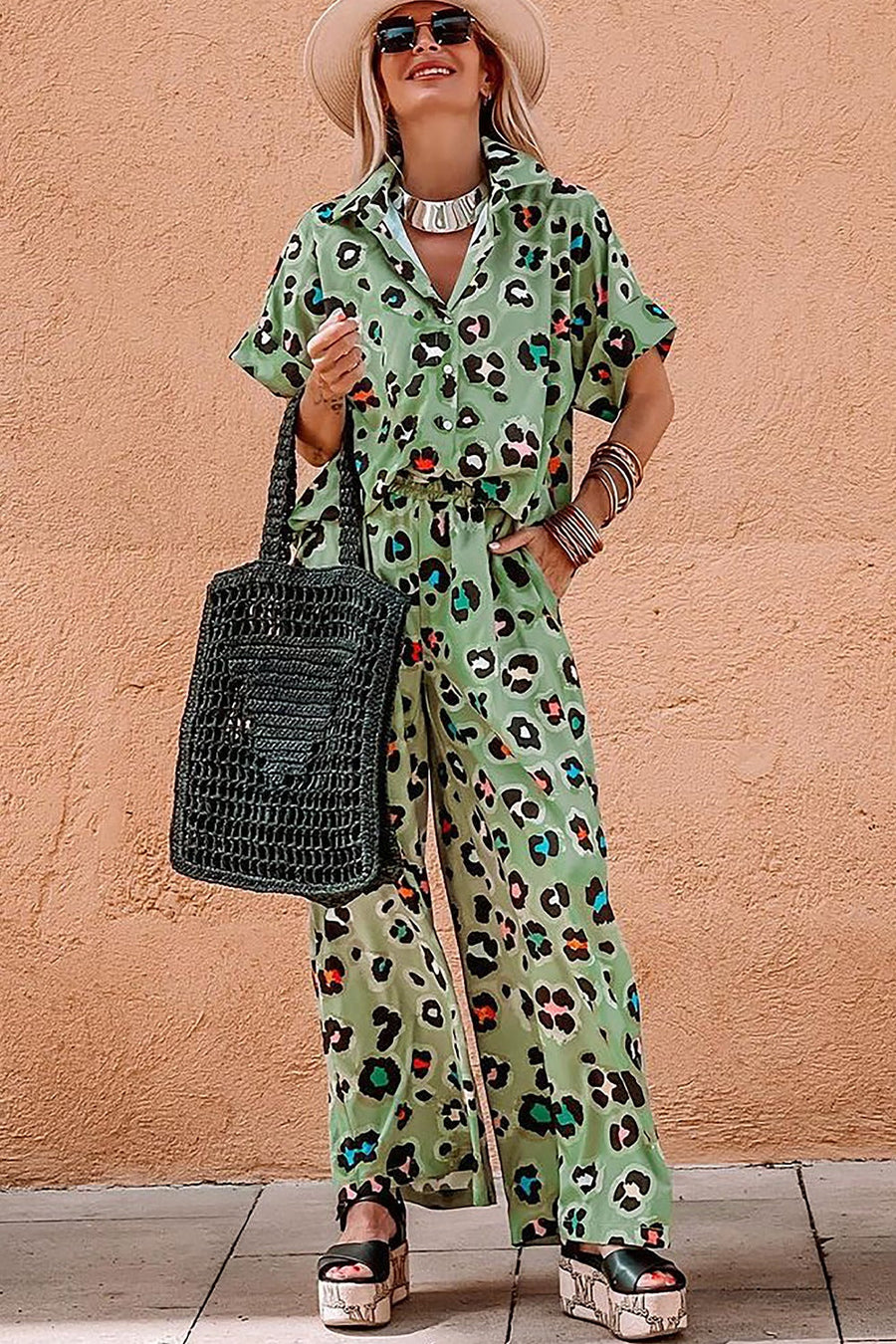 Sage leopard print resort shirt and wide leg trousers set with collar