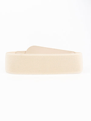Cream elastic waist belt with sculpted faux leather overlay and gold buckle detail