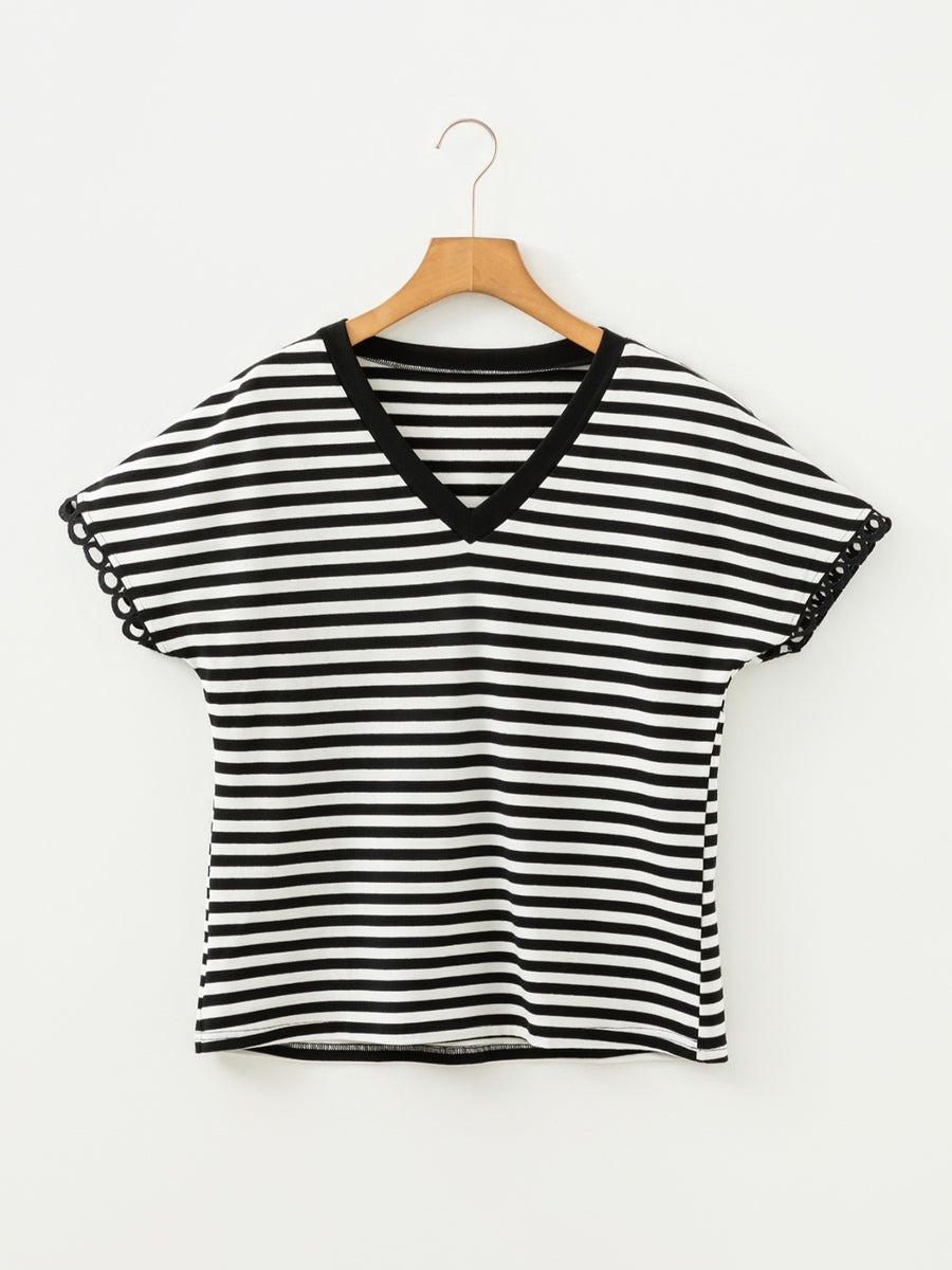 Classic striped V-neck t-shirt in black and white cotton with scalloped sleeve detail.