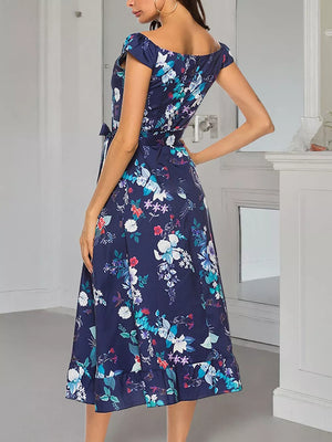 Floral off-shoulder midi dress with self-tie waist and ruffled hem.