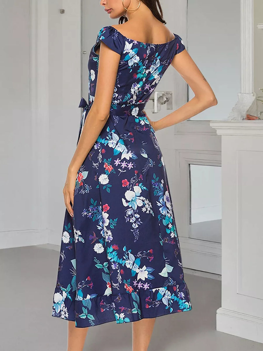Floral off-shoulder midi dress with self-tie waist and ruffled hem.