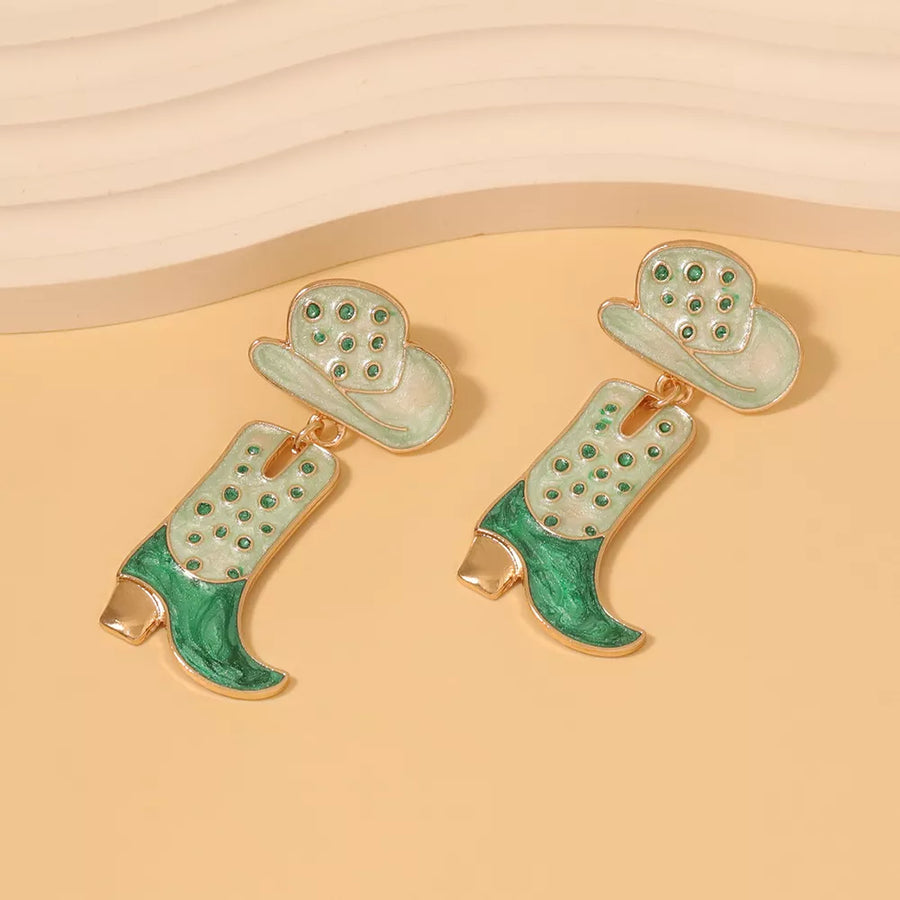 Cyan cowboy boot and hat dangle earrings with gold accents