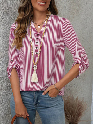 Red Stripe V-neck blouse with roll-up sleeves and button detail.
