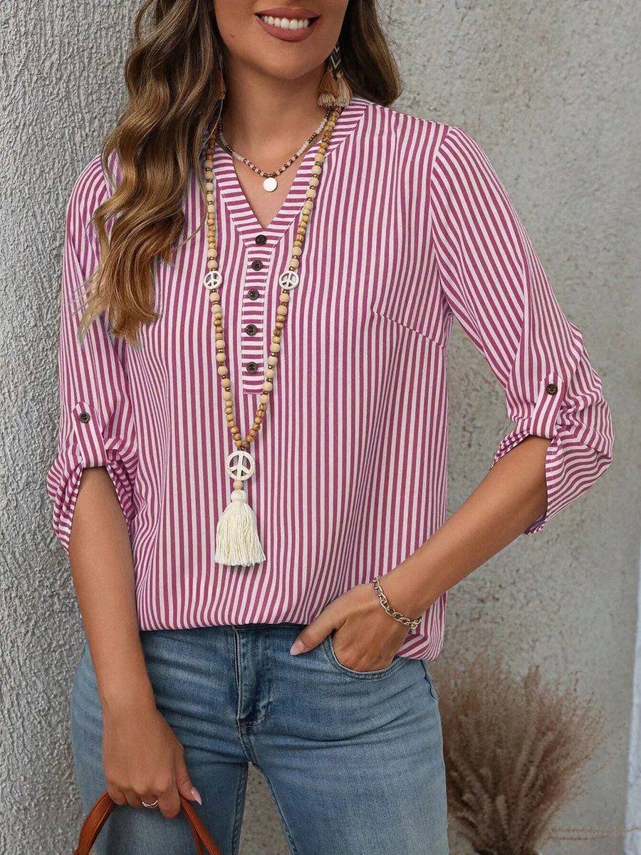 Red Stripe V-neck blouse with roll-up sleeves and button detail.