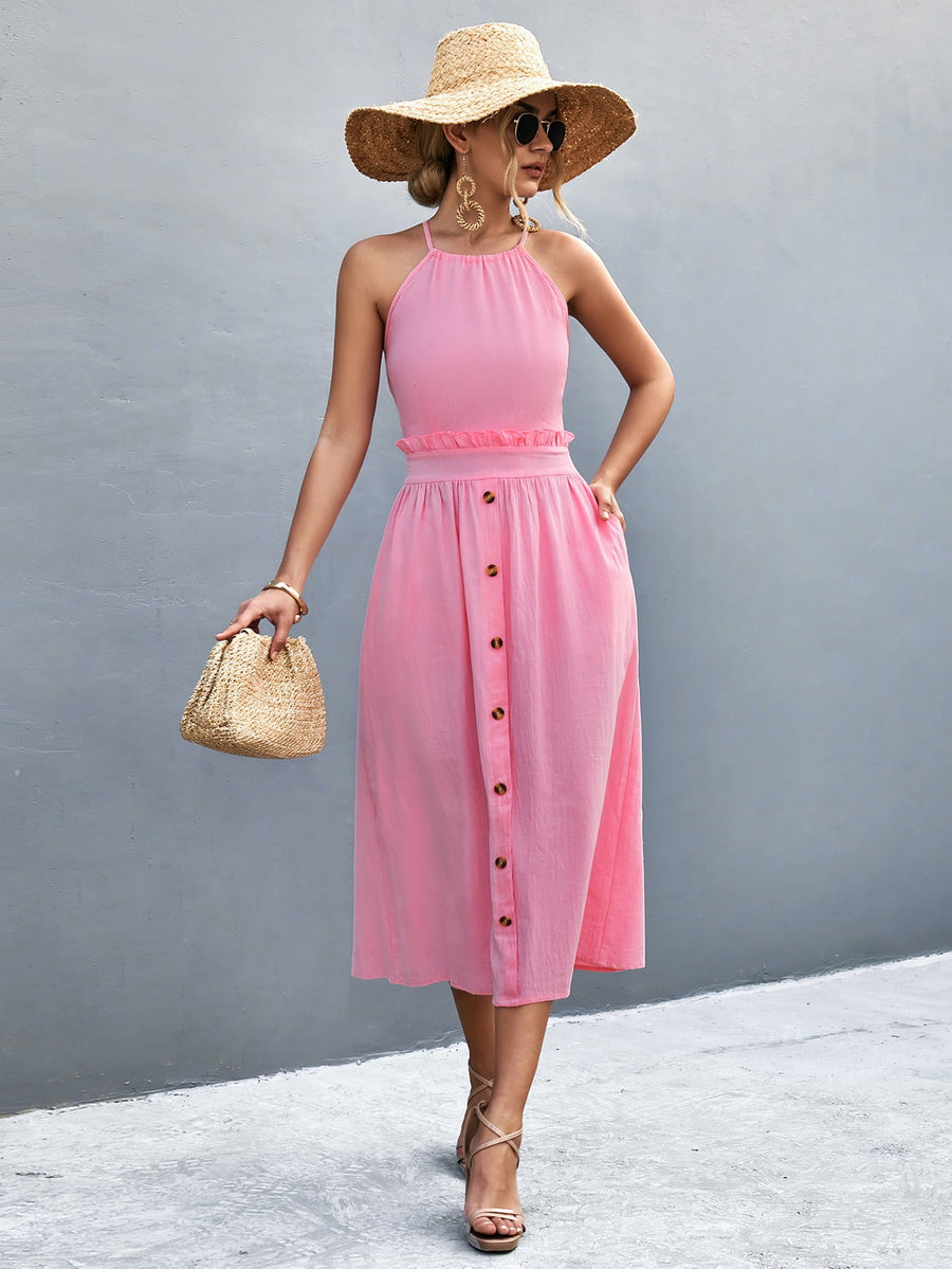 Pink button-down midi dress with halter neck and ruffled waist detail