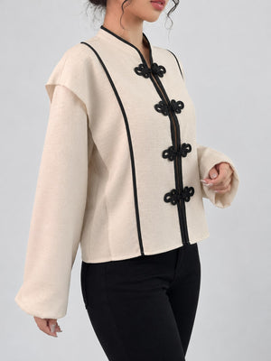 vintage-inspired blouse in Khaki with mandarin collar