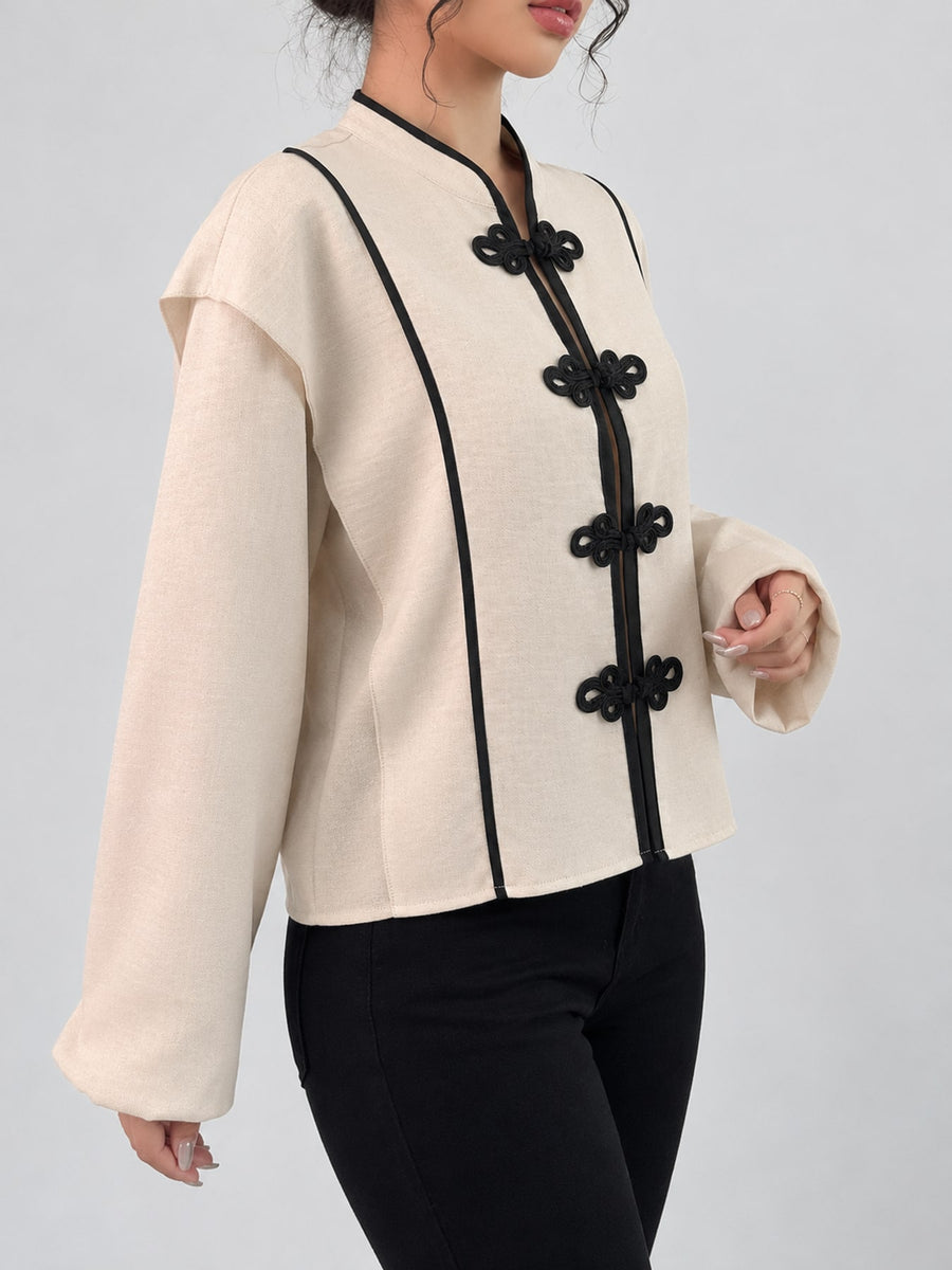 vintage-inspired blouse in Khaki with mandarin collar
